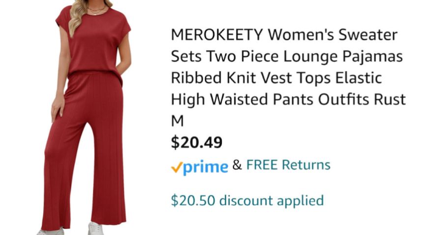 woman wearing red lounge set next to Amazon pricing information