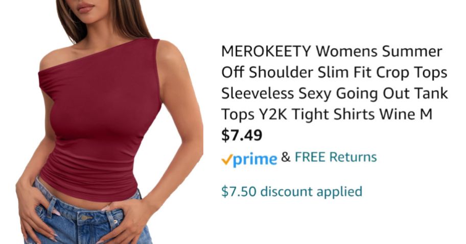 woman wearing red crop top next to Amazon pricing information