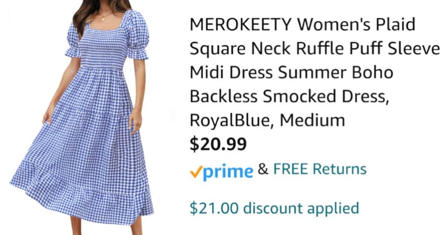 woman wearing plaid dress next to Amazon pricing information