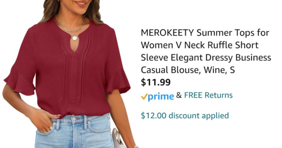 woman wearing wine colored shirt next to Amazon pricing information