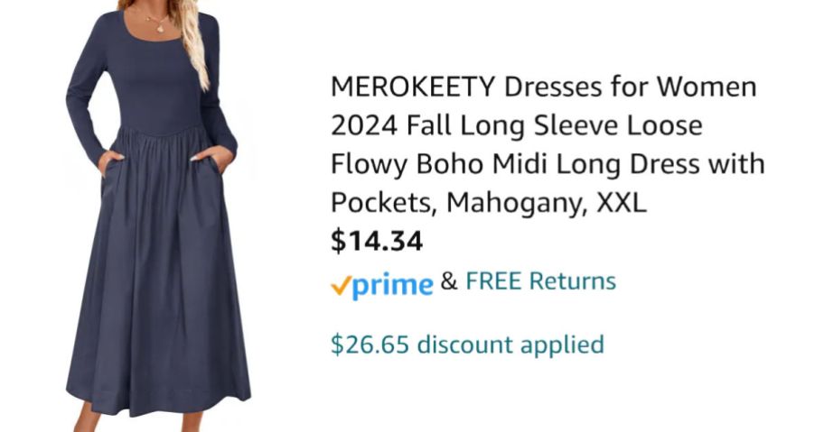 woman wearing navy dress next to Amazon pricing information