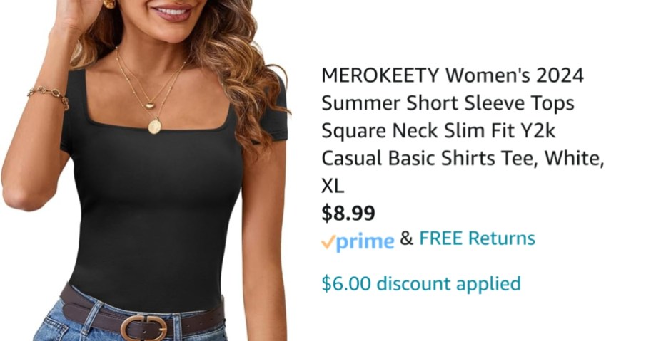 image showing woman wearing a black square neck tshirt and the product and pricing details with the final cost and discount
