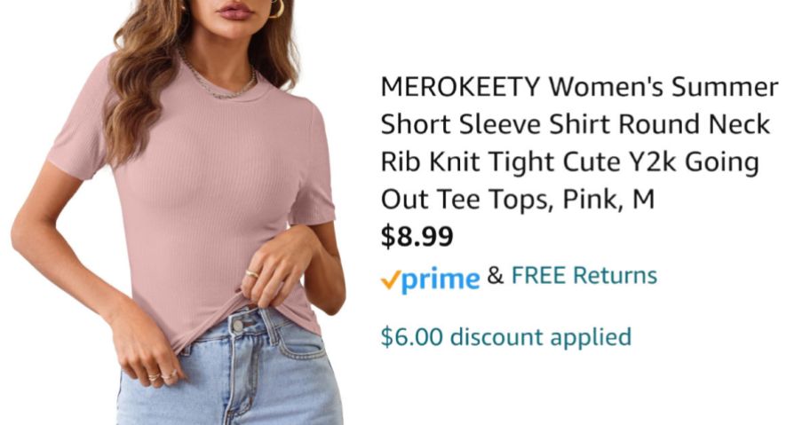 woman wearing pink shirt next to Amazon pricing information