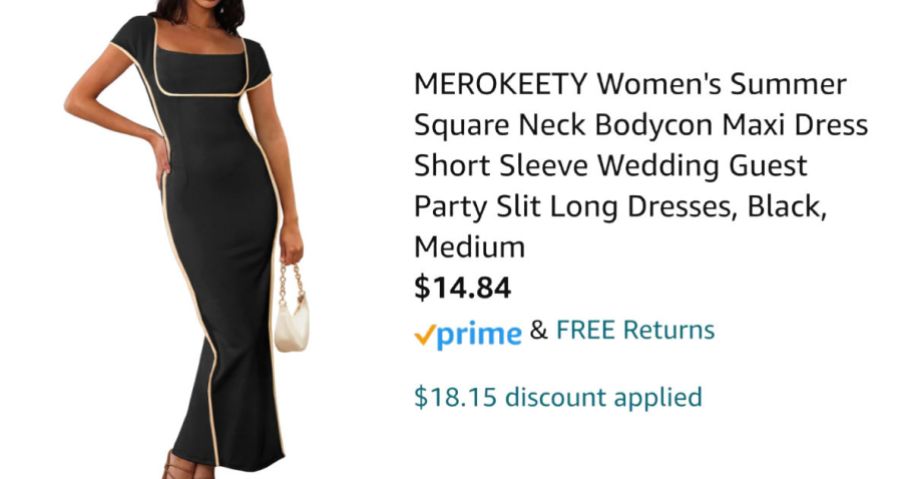 woman wearing black maxi dress next to Amazon pricing information