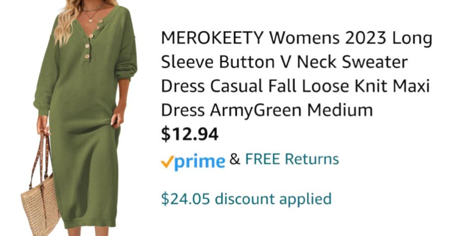woman wearing green dress next to Amazon pricing information