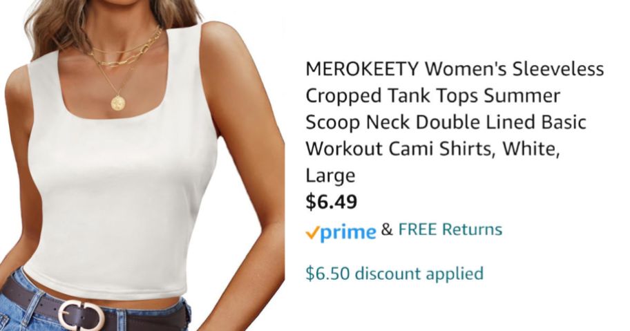 woman wearing white tank top next to Amazon pricing information