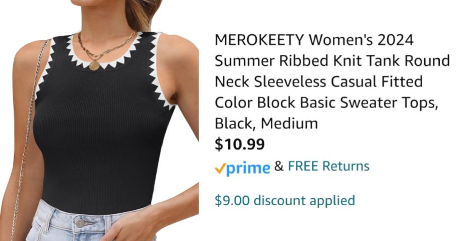 woman wearing a black tank top next to Amazon pricing information