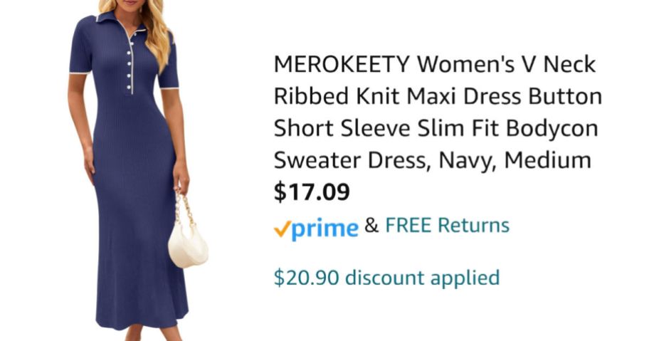 woman wearing navy dress next to Amazon pricing information