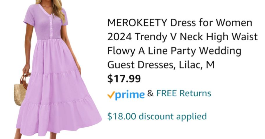 woman wearing purple dress next to Amazon pricing information