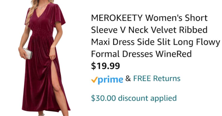 woman wearing velvet dress next to Amazon pricing information