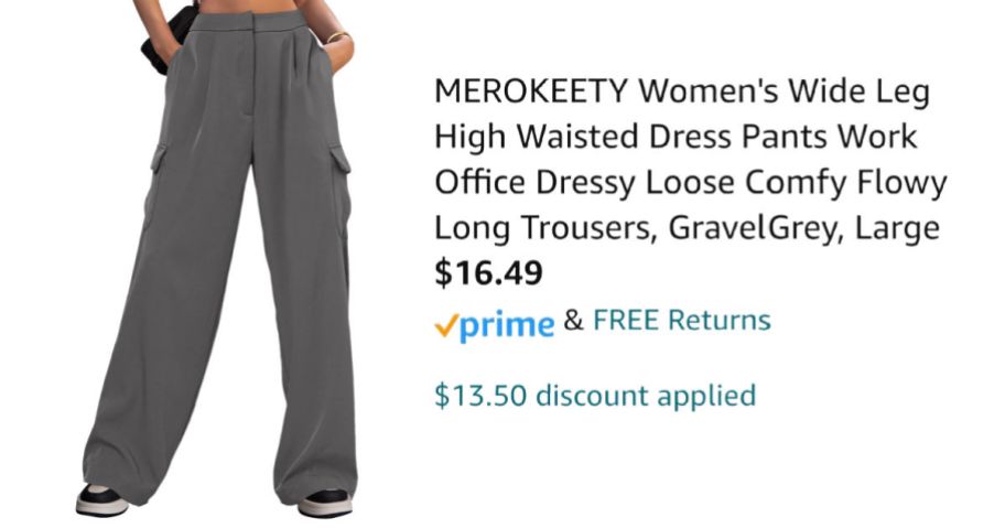 woman wearing gray cargo pants next to amazon pricing information