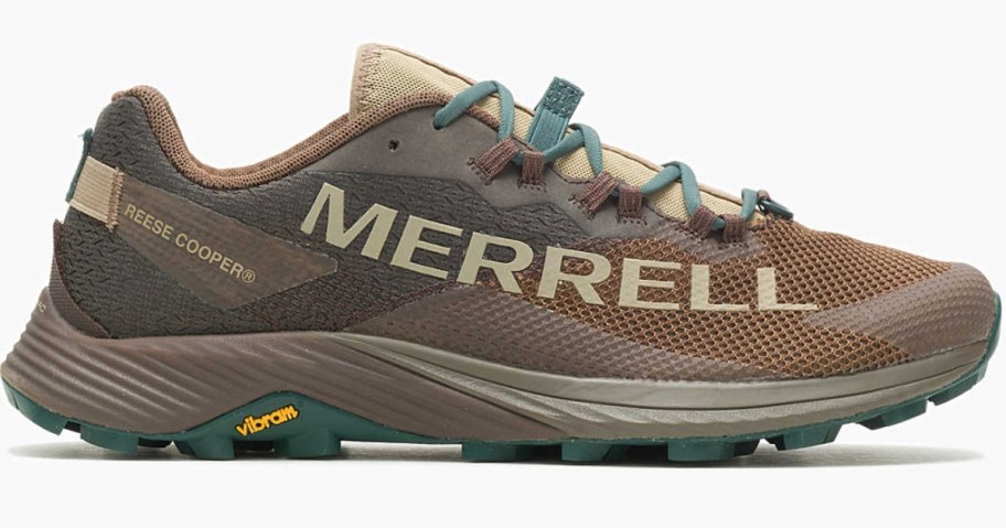 brown, teal, tan color men's Merrell trail shoe