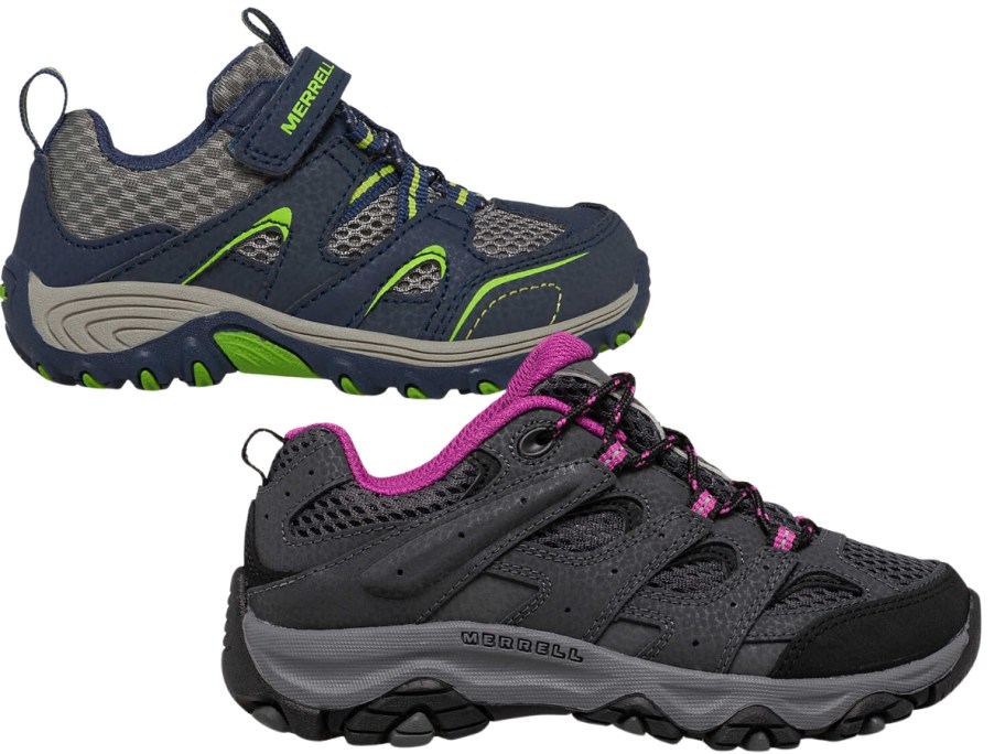 blue, green and grey and black, grey and purple kid's Merrell shoes
