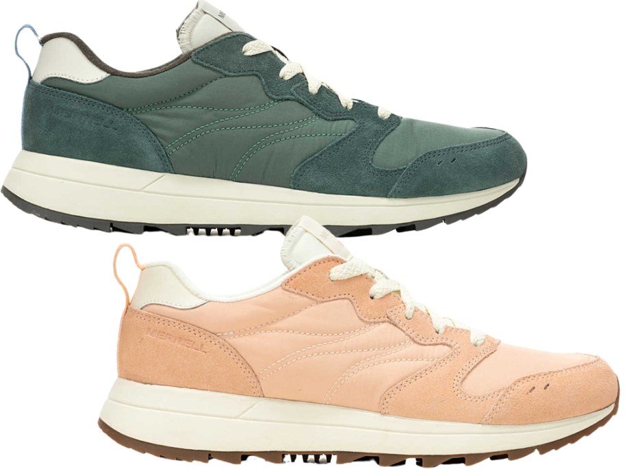 dark green and pinkish peach color adult sneakers