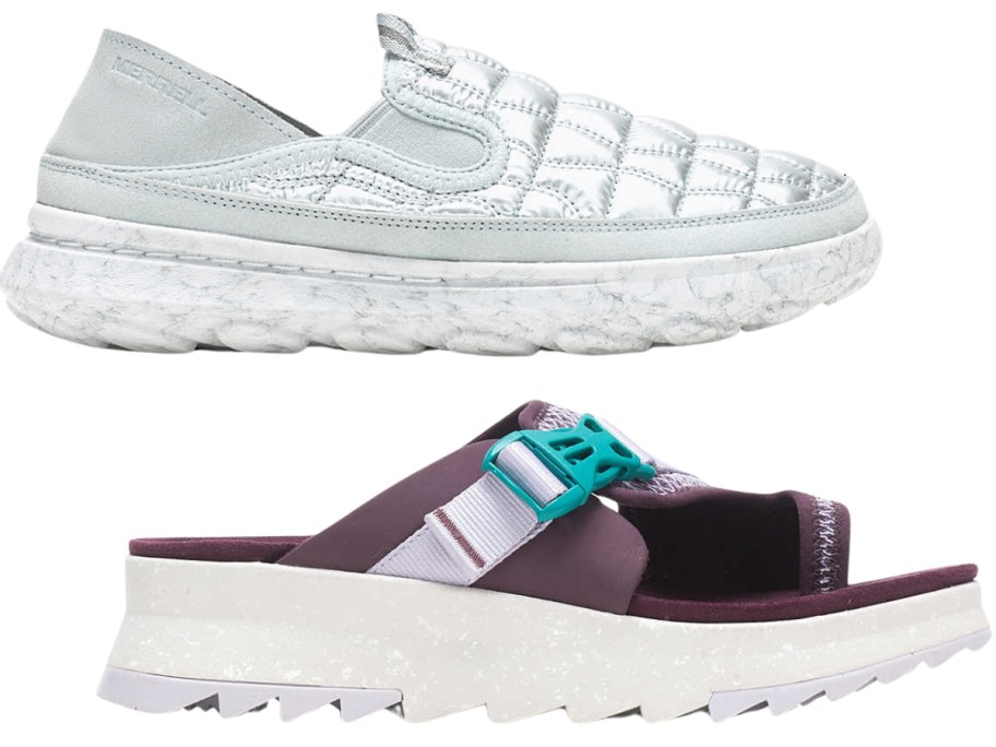 silver and white women's slip on shoe and a purple and white women's sandal slide