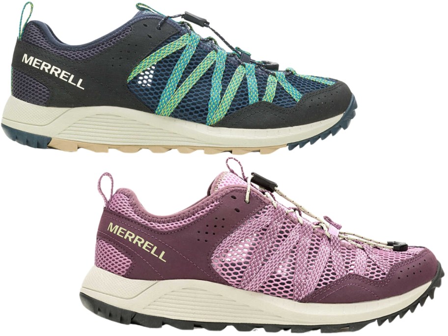 navy and teal blue and purple and lavender adult Merrell sneakers