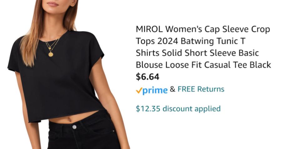 woman wearing black outfit next to Amazon pricing information