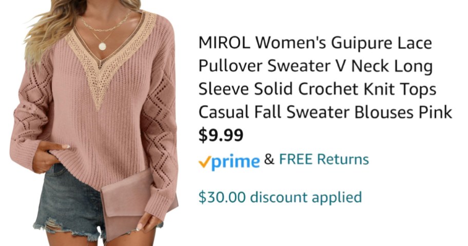 woman wearing pink sweater next to Amazon pricing information