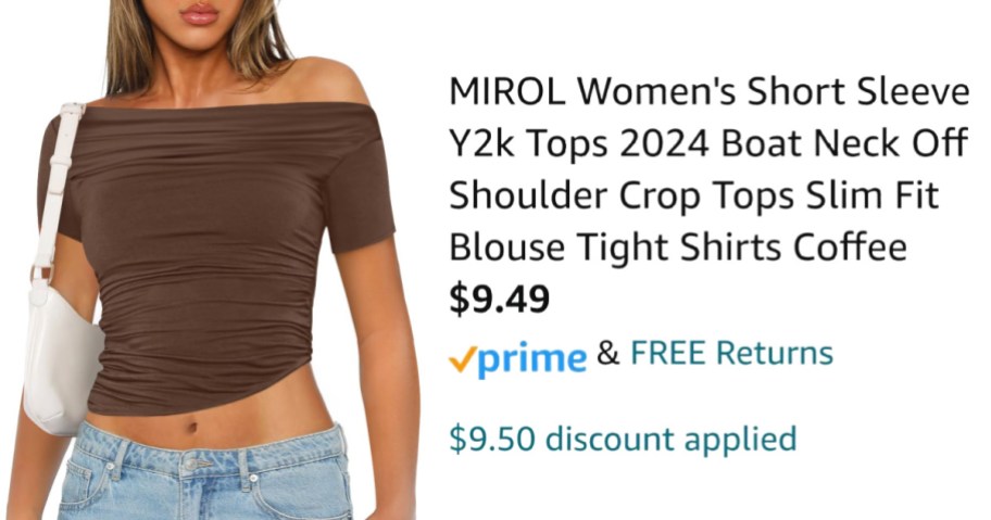 woman wearing brown shirt next to Amazon pricing information