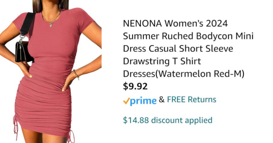 woman wearing pink mini dress next to Amazon pricing information