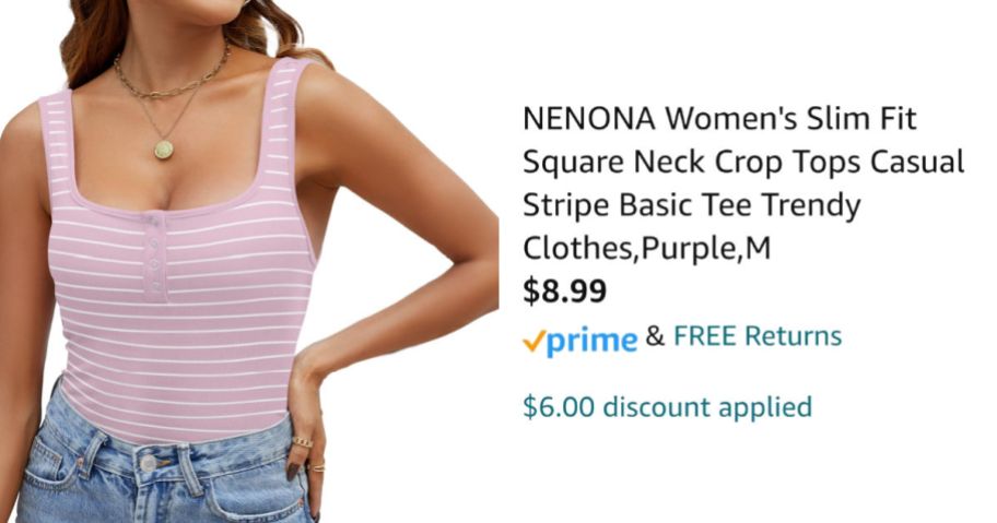 woman wearing pink tank top next to Amazon pricing information