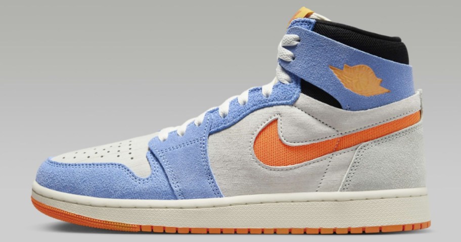 white, blue and orange men's Air Jordan shoe
