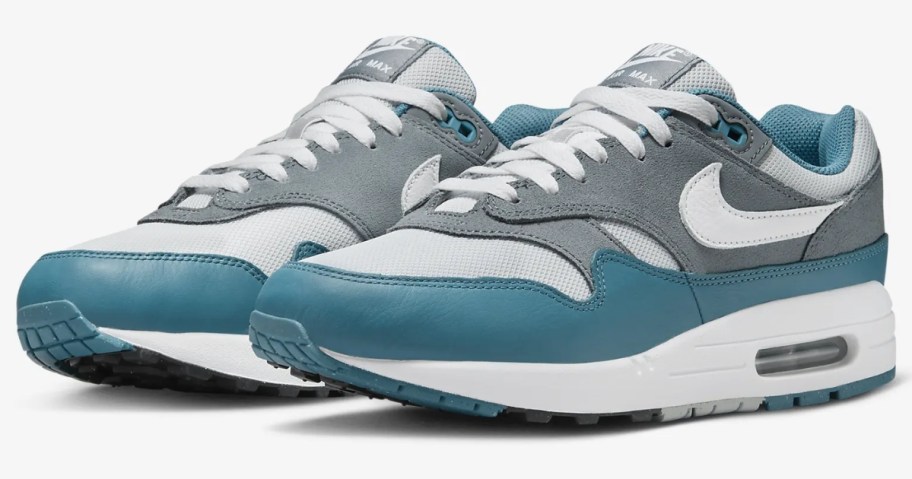grey, white and teal men's Nike Air Max shoes