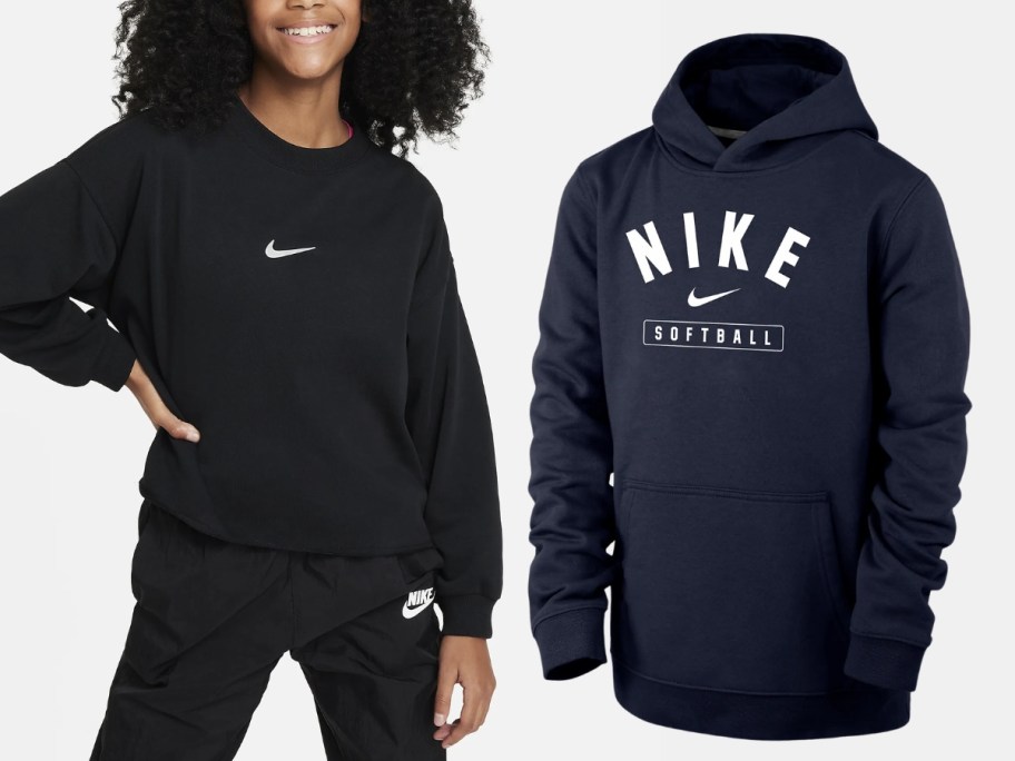 girl wearing a black Nike hoodie next to a blue Nike Softball hoodie