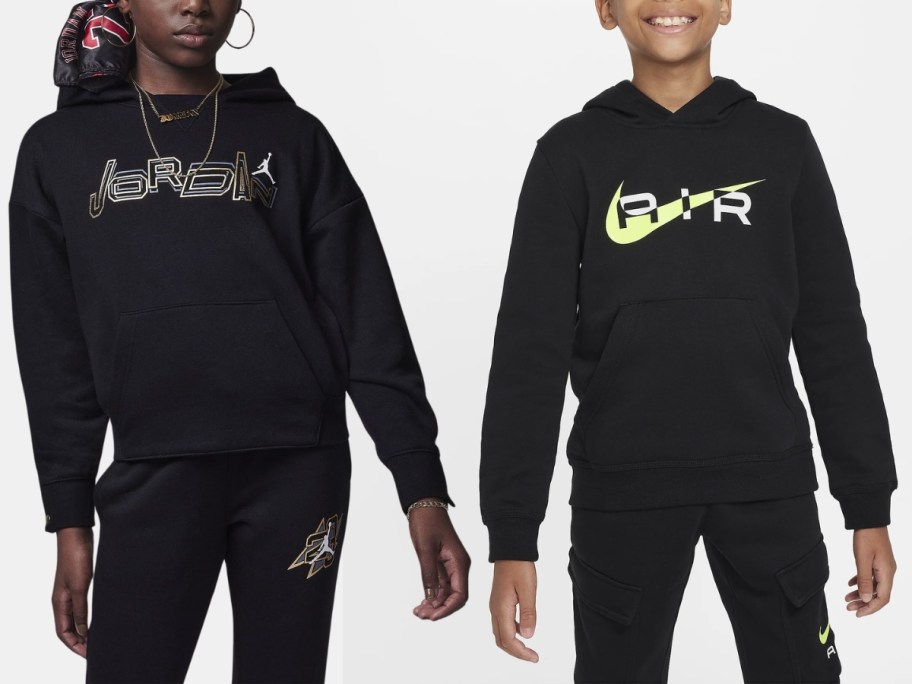 girl wearing a black Nike Jordan hoodie next to a boy wearing a black Nike Air hoodie