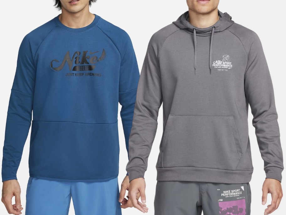 man wearing a peacock blue Nike sweatshirt next to a man wearing a grey Nike hoodie