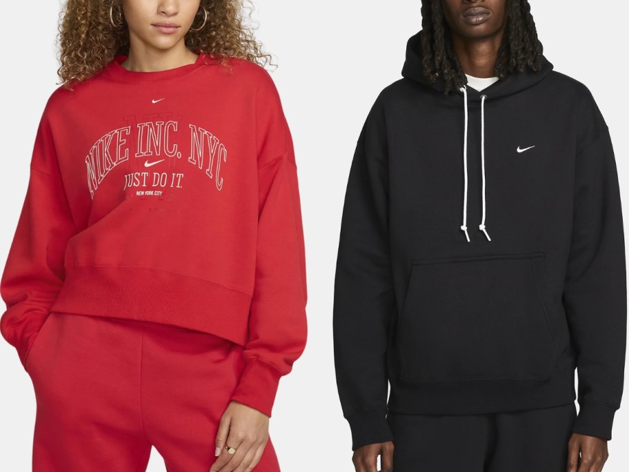 woman wearing a red oversized Nike sweatshirt next to a man wearing a black Nike swoosh hoodie