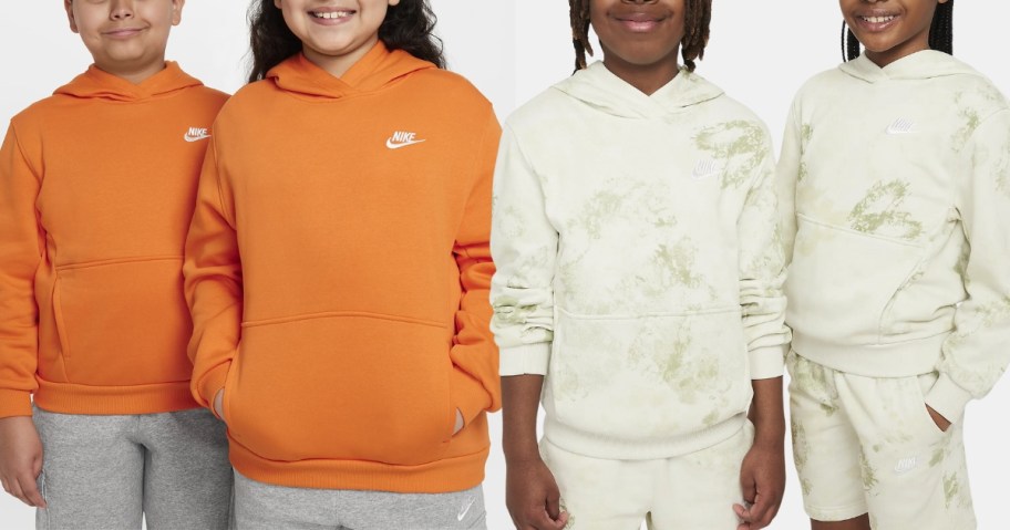 kids wearing orange Nike hoodies and off white and green tie dye Nike hoodies