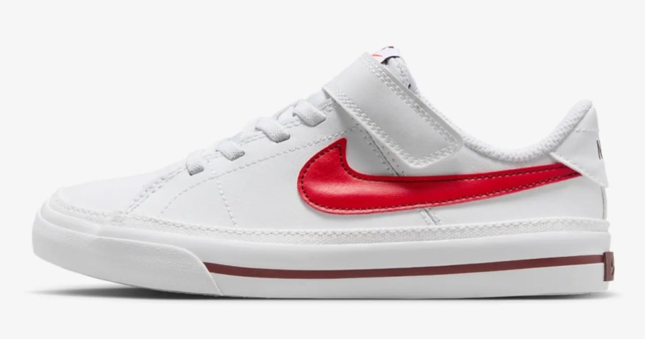 white and red kid's Nike court shoe