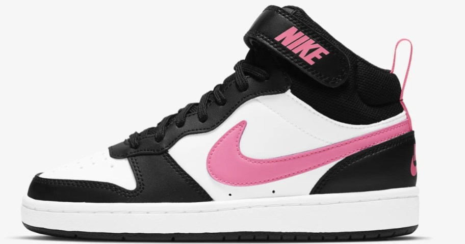 white, black and pink kid's Nike Court Mid shoe