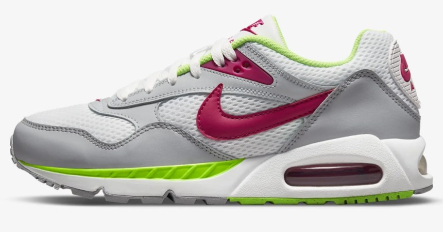 white, grey, neon green and pink women's Nike Air Max shoe
