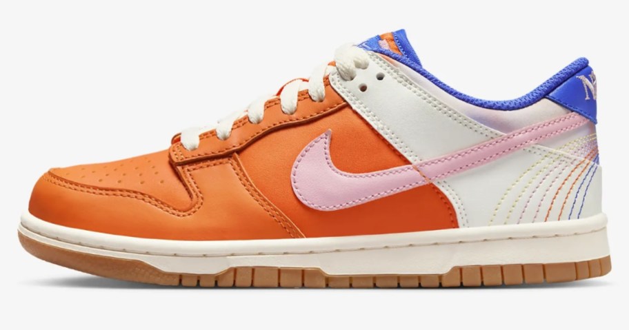 orange, pink, blue and white kid's Nike dunk shoe