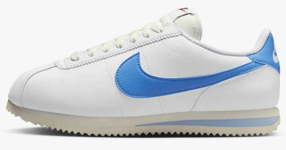 white and light blue Nike women's Cortez shoe