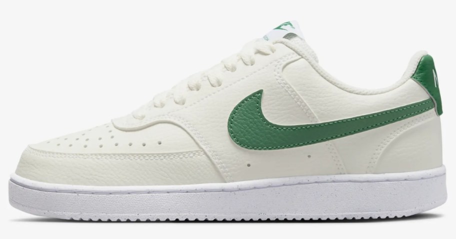 white, off white and green women's Nike court shoe