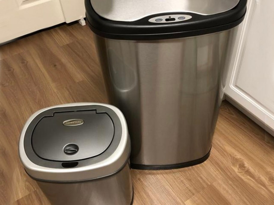 large and small stainless steel trash cans