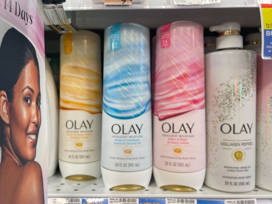 olay indulgent body wash on store shelf