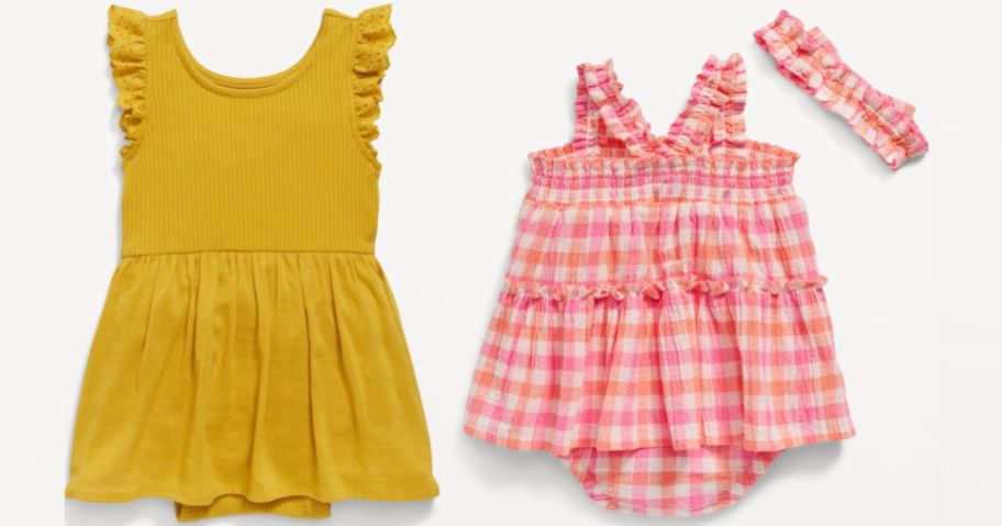 baby girls yellow dress and pink plaid dress