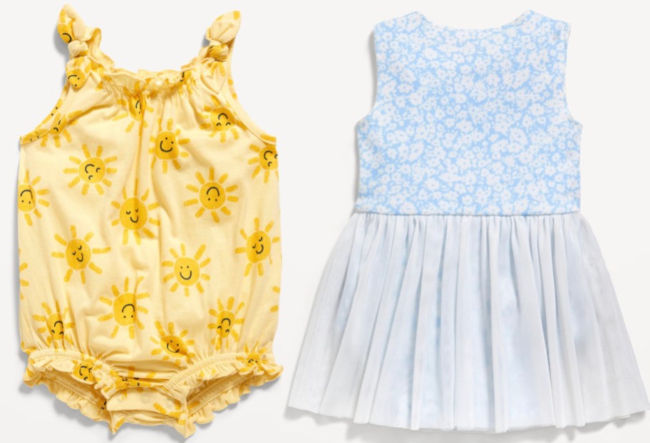 baby girl yellow sun romper and blue flower dress