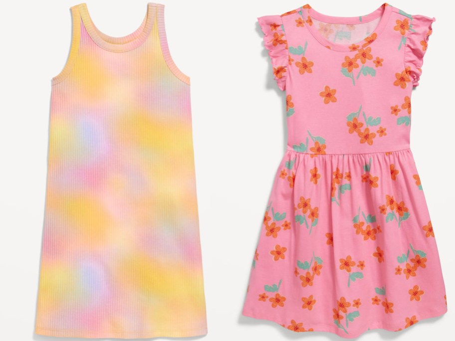 girls tye dye and pink flower dresses stock images