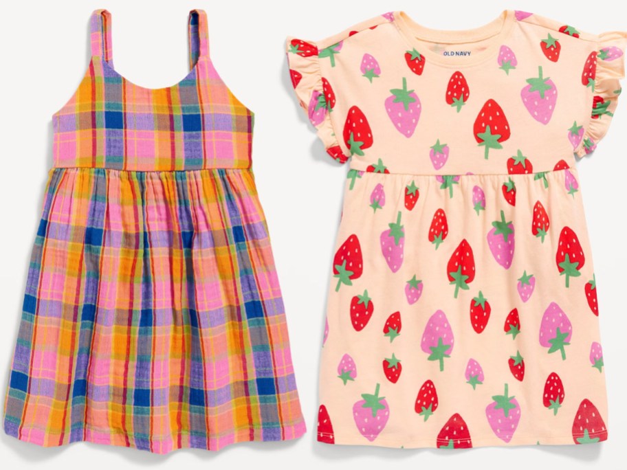 colorful plaid and strawberry toddler dresses