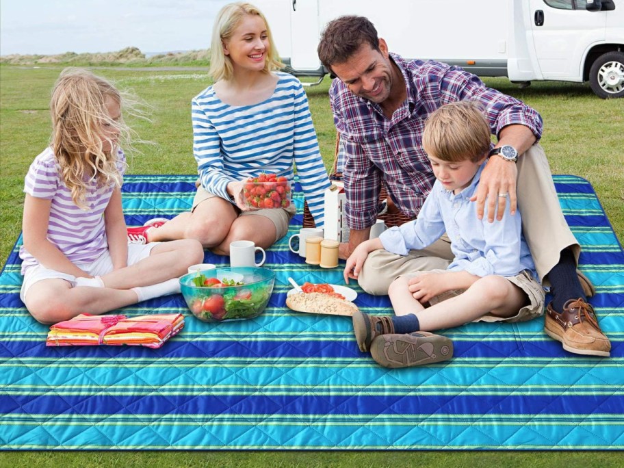 family of 4 sitting on blue striped outdoor blanket