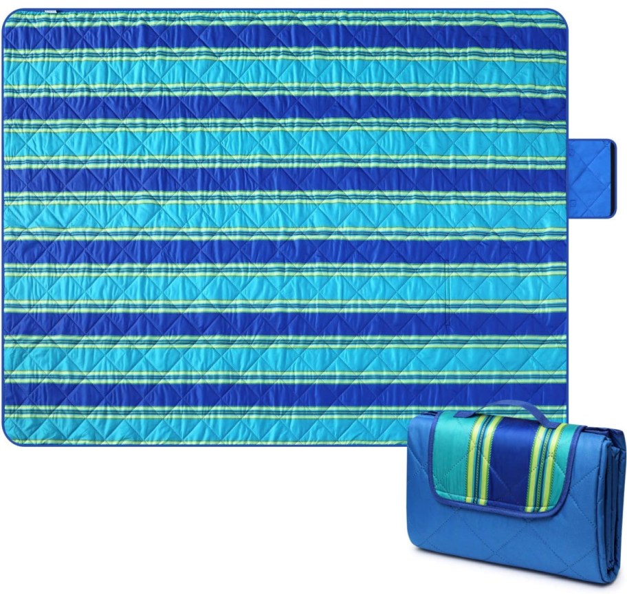 blue striped outdoor blanket with carrying bag