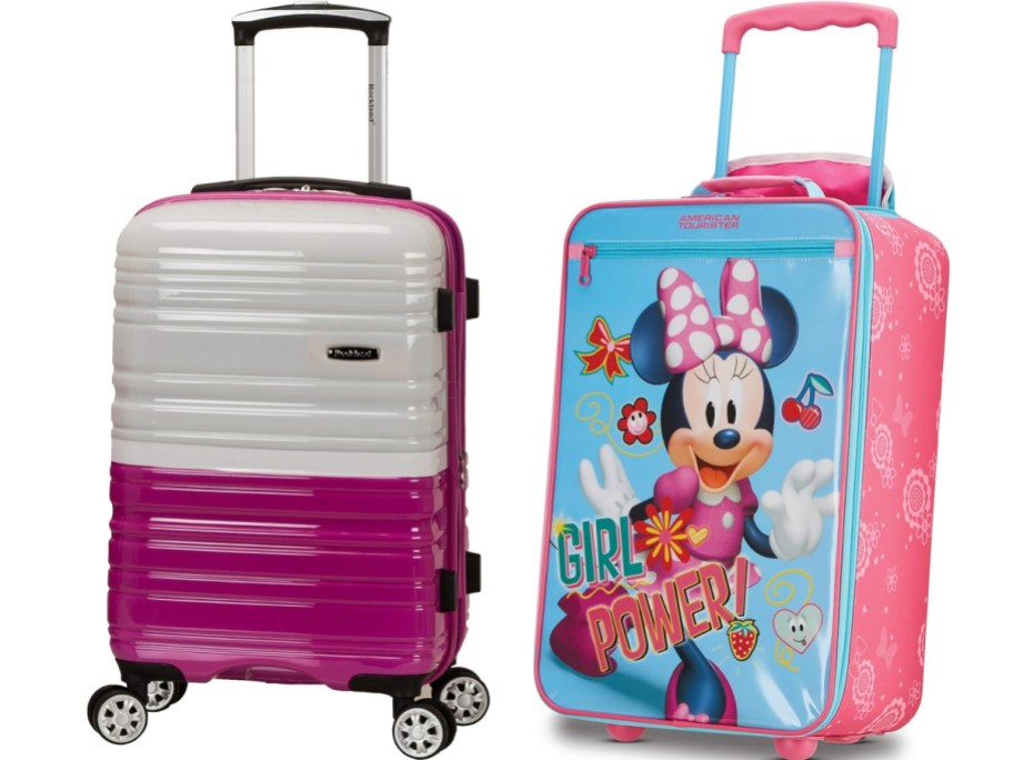 pink and gray luggage and Minnie Mouse luggage
