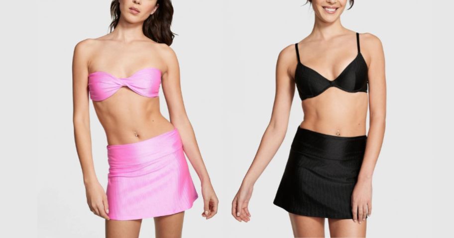 two models wearing PINK brand string bikini tops and skirt cover up separates