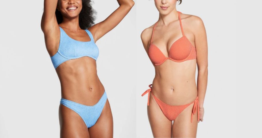 two models wearing PINK brand bikini tops and side ties string bikini separates
