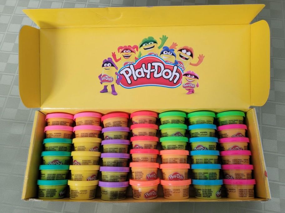 Play-Doh 1oz 42-Pack box open showing all 42 pieces of play-doh cans